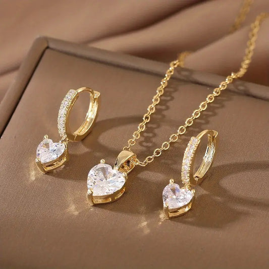 Luxurious 3-Piece Heart Jewelry Set – CZ Pendant & Earrings for Casual Wear or Gifting