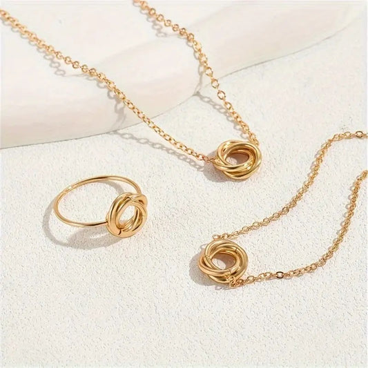 Elegant 3-Piece Twisted Flower Jewelry Set – Necklace, Bracelet & Ring for Daily Wear